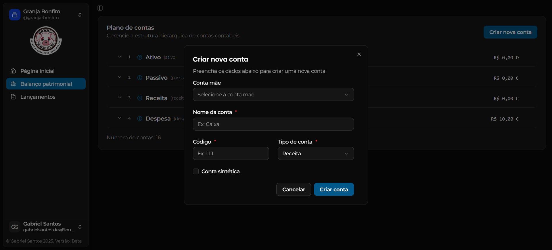Formulário de criação de conta contábil